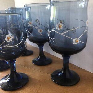 Set Of 12 Vintage Libbey Smokey Blue Dogwood Flower Goblets Water Wine Glasses